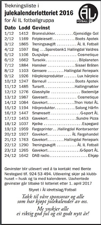 Trekningsliste julekalenderlotteri 2016